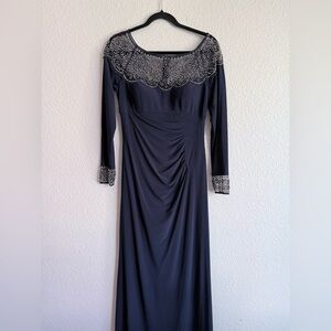 XSCAPE size 6 Elegant Navy Long Sleeve Evening Dress with Beaded Yoke gown